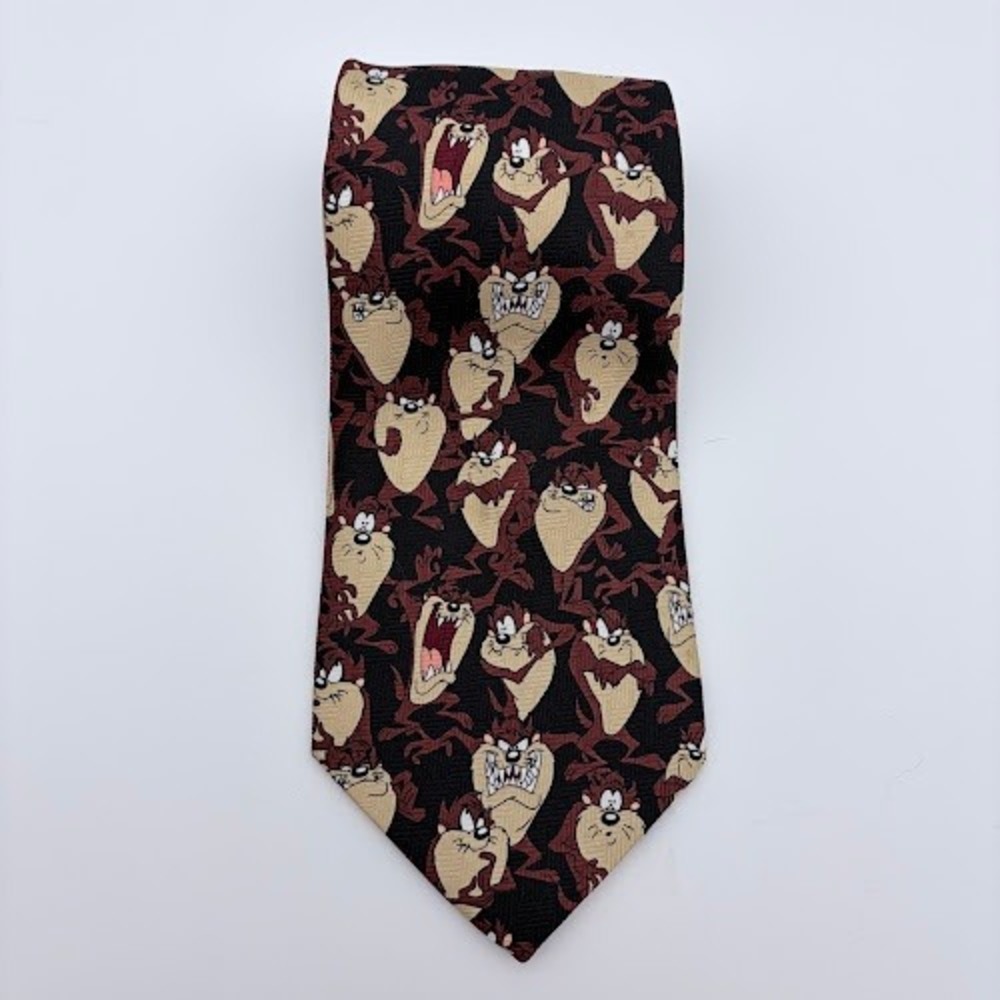 Looney Tunes Necktie Mens OS Black Brown Taz Tasmanian Devil Print 2002 VTG
